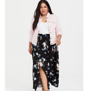 Black Floral Challis Slit Maxi Skirt Plus Size